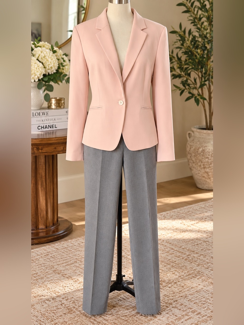H&M Blush Pink Blazer with Gray Wide-Leg Trousers
